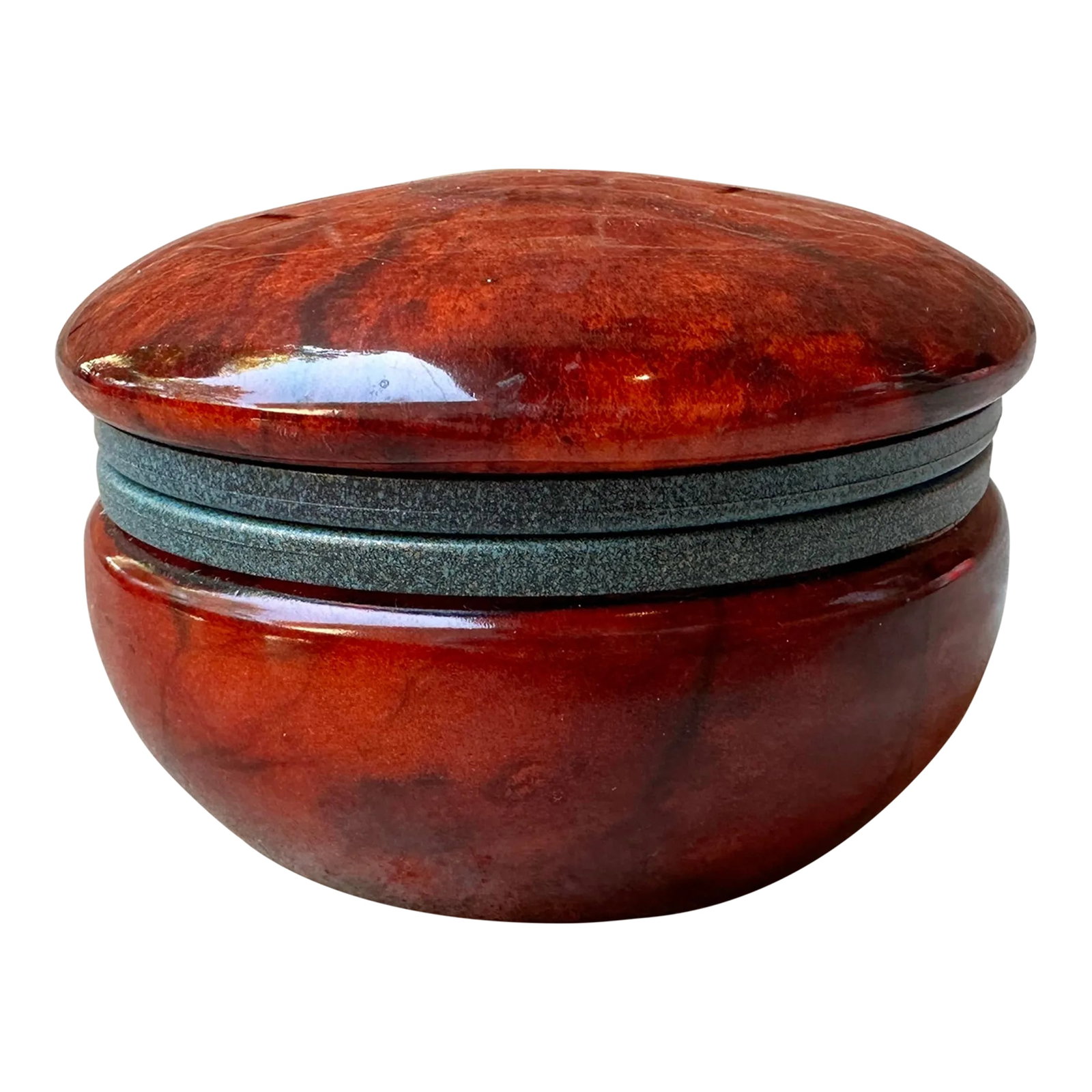 Italian Round Red Alabaster Hinged Trinket Box: Beautiful petite brownish red hand-carved alabaster hinged box. The brownish red alabaster contrasts beautifully with the blue toned hinge hardware. This piece looks great as part of a group, or indep