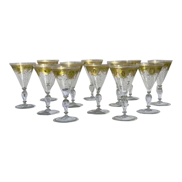 Vintage Murano Attributed Glass Goblets- Set of 12: This set of twelve vintage Murano attributed glass goblets is absolutely stunning. Each of the special glasses is a footed clear glass stemware piece. Each glass is finished off with hand painted