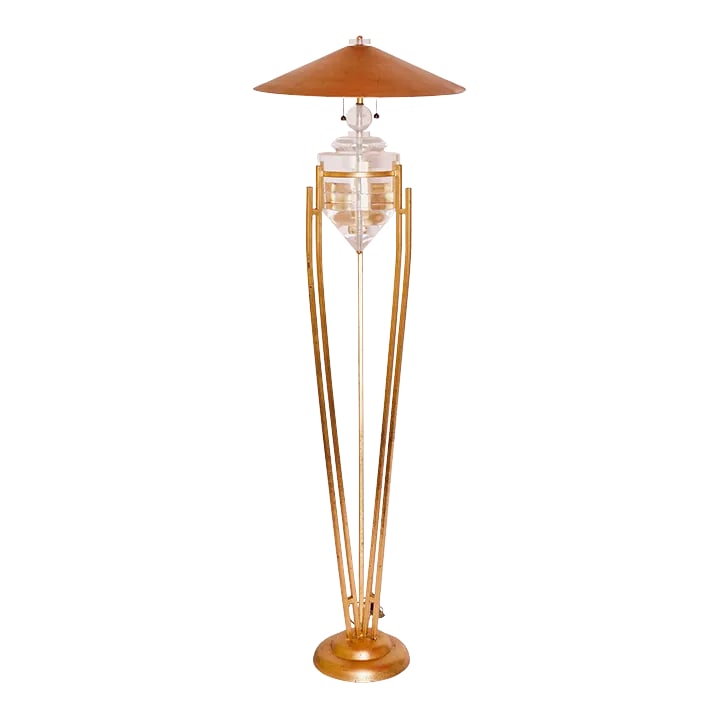 1950s Art Deco Style Brass, Metal and Stacked Lucite Floor Lamp With Golden Shade (1 of 12)