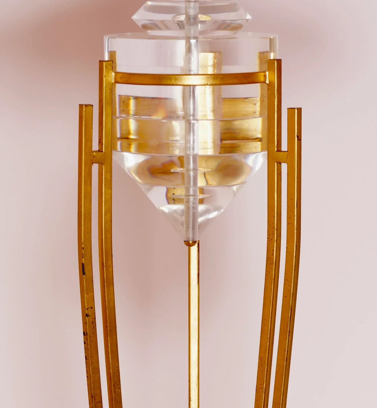 1950s Art Deco Style Brass, Metal and Stacked Lucite Floor Lamp With Golden Shade - 5