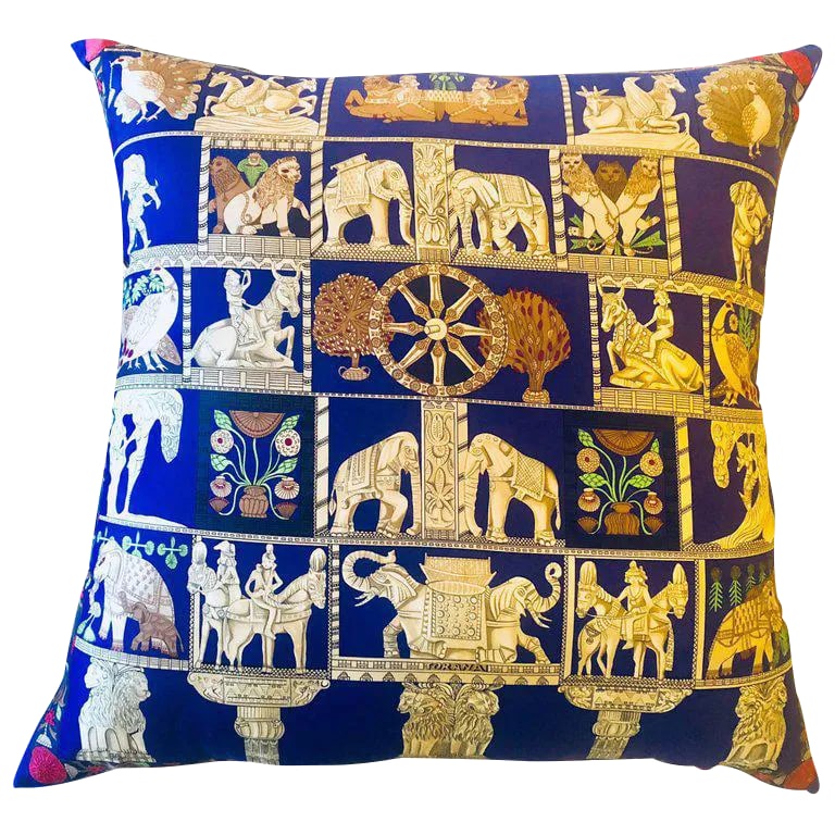 Enormous French Hollywood Regency Style Hermes "Torana" Silk Stuffed Pillow: Enormous Hollywood Regency style Hermes "Torana" silk stuffed pillow. One out of a large collection of vintage throw or show pillows with the original Hermes tag in fine condition. These pillows will 