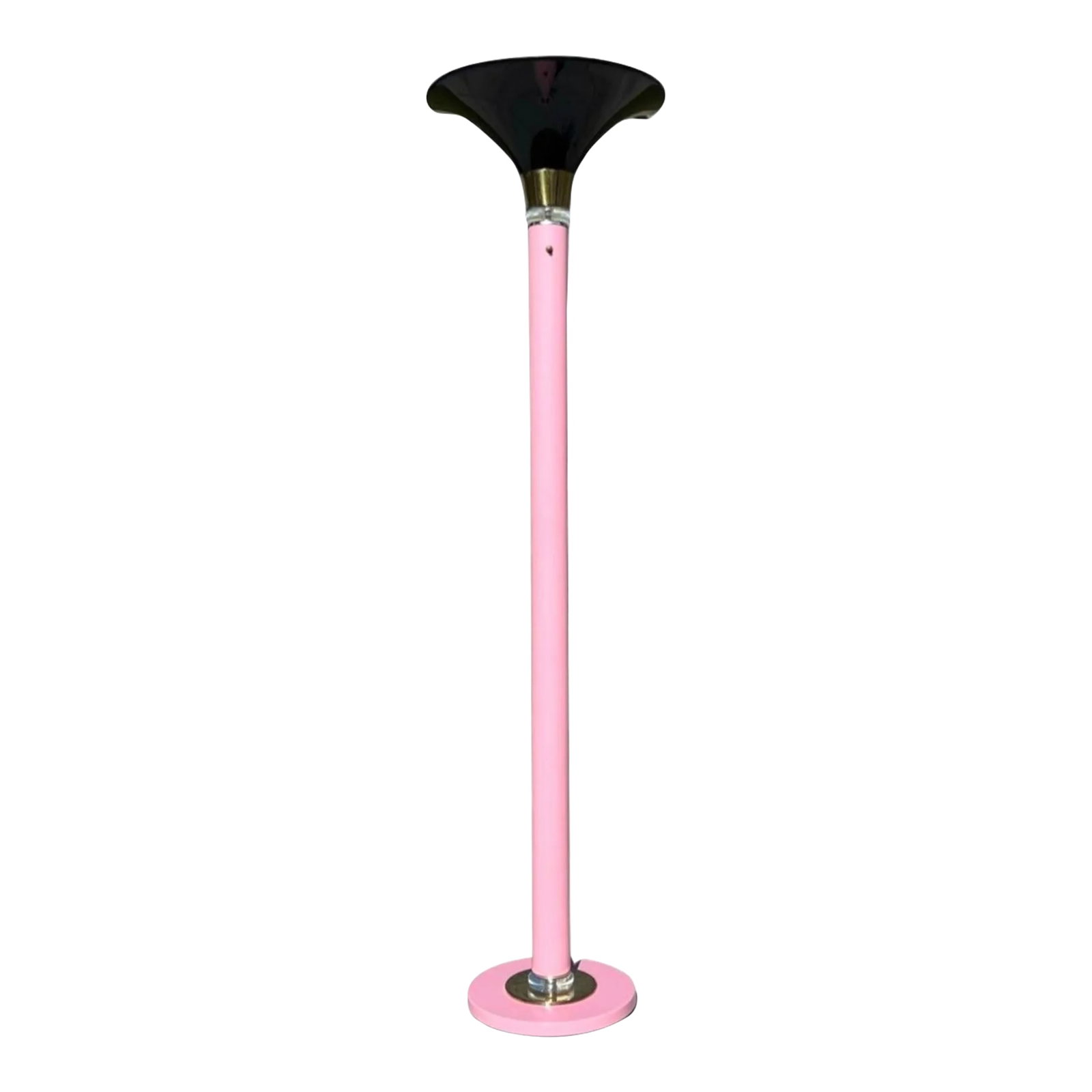Postmodern Art Deco Pink Black Acrylic Shade Touchier Floor Lamp in Brass and Lucite, 1980s: We have for your consideration a very beautiful postmodern floor lamp in a beautiful color of soft pink. Pink color is in great vintage condition with only two marks to the paint on the cylinder body 
