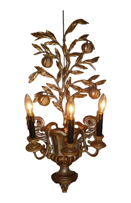 1950s Hollywood Regency Carved Silvered Wood & Metal Pomegranate Tree Sconce: REDUCED FROM $1,650...Elegantly representing a large ornate handled urn with a pomegranate topiary growing out of it, this Italian carved & silverleafed applique is just magnificent. A fine