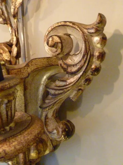 1950s Hollywood Regency Carved Silvered Wood & Metal Pomegranate Tree Sconce - 7