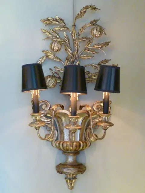 1950s Hollywood Regency Carved Silvered Wood & Metal Pomegranate Tree Sconce - 9