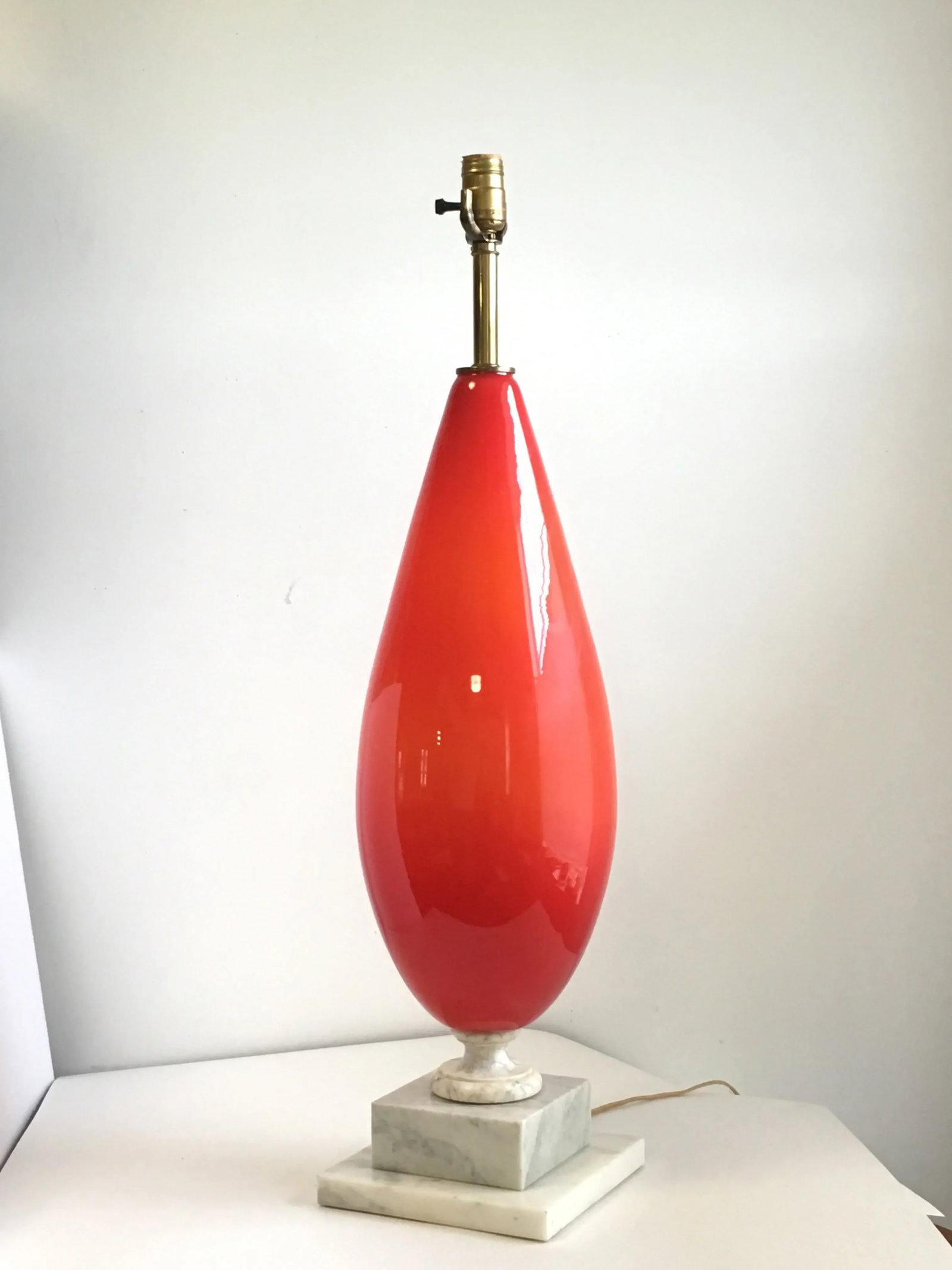 Murano Art Glass and Marble Table Lamp Large Scale Italian Blown Glass Cerise Red Orange - 10