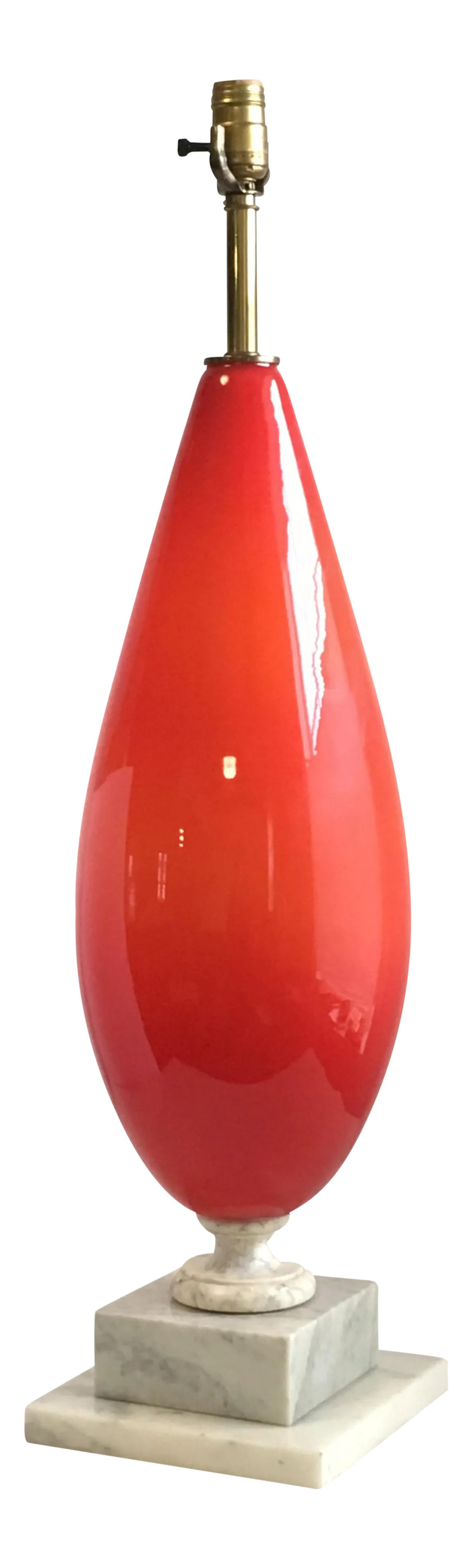 Murano Art Glass and Marble Table Lamp Large Scale Italian Blown Glass Cerise Red Orange: A fantastic vintage Murano Art Glass Lamp with a stacked marble base. The color of the glass is a beautiful Cerise Red / Orange color. The size and shape of this lamp will really make a statement in