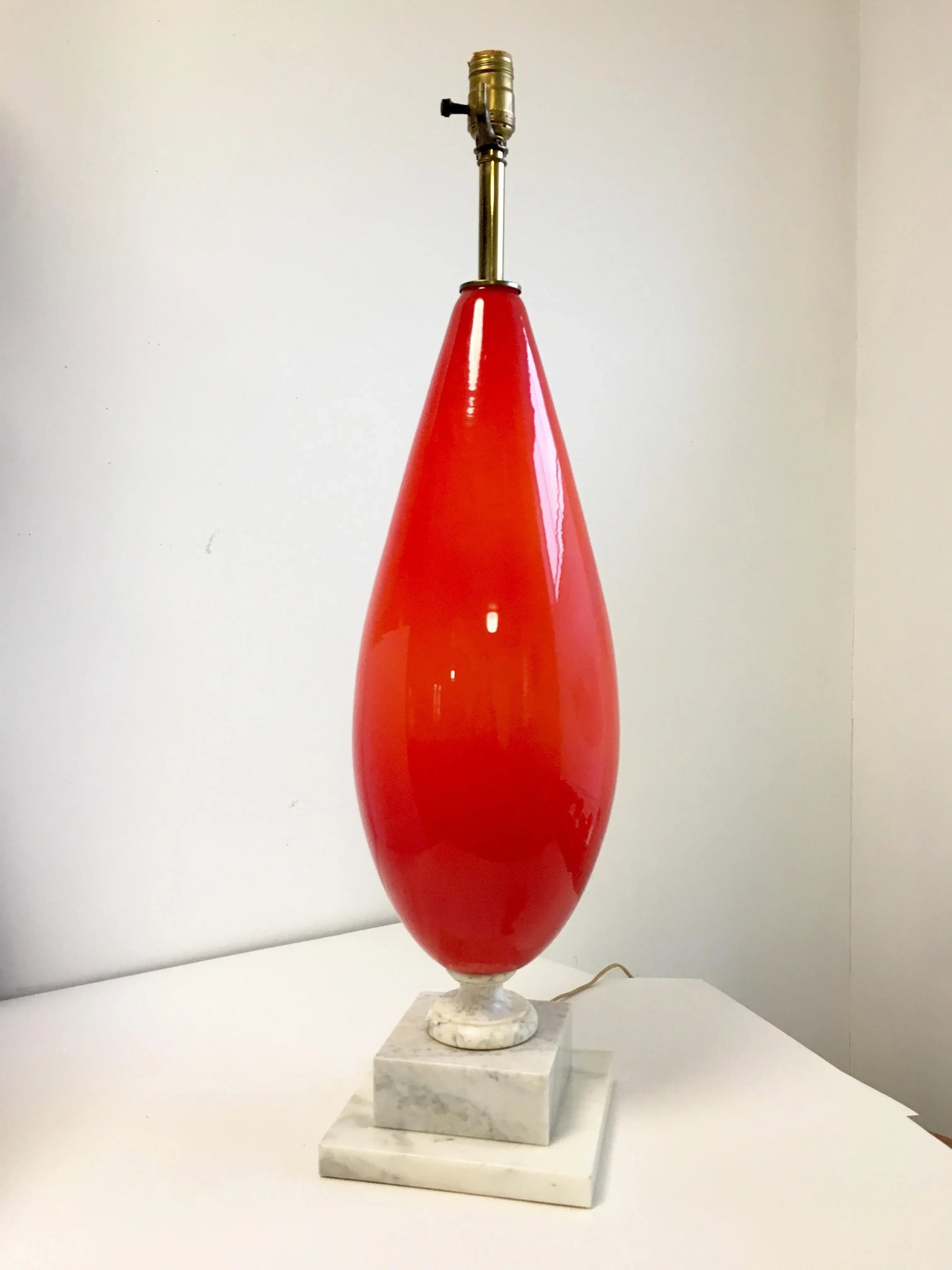 Murano Art Glass and Marble Table Lamp Large Scale Italian Blown Glass Cerise Red Orange - 2