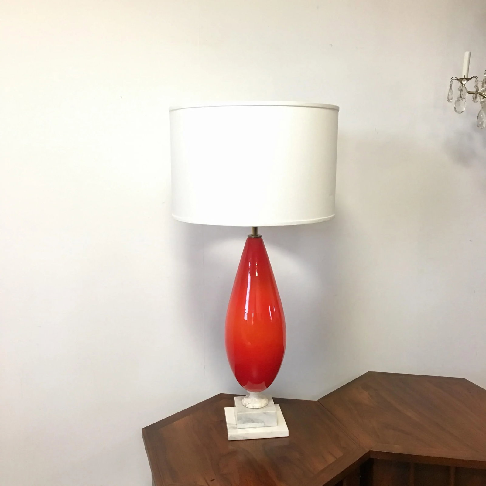 Murano Art Glass and Marble Table Lamp Large Scale Italian Blown Glass Cerise Red Orange - 3