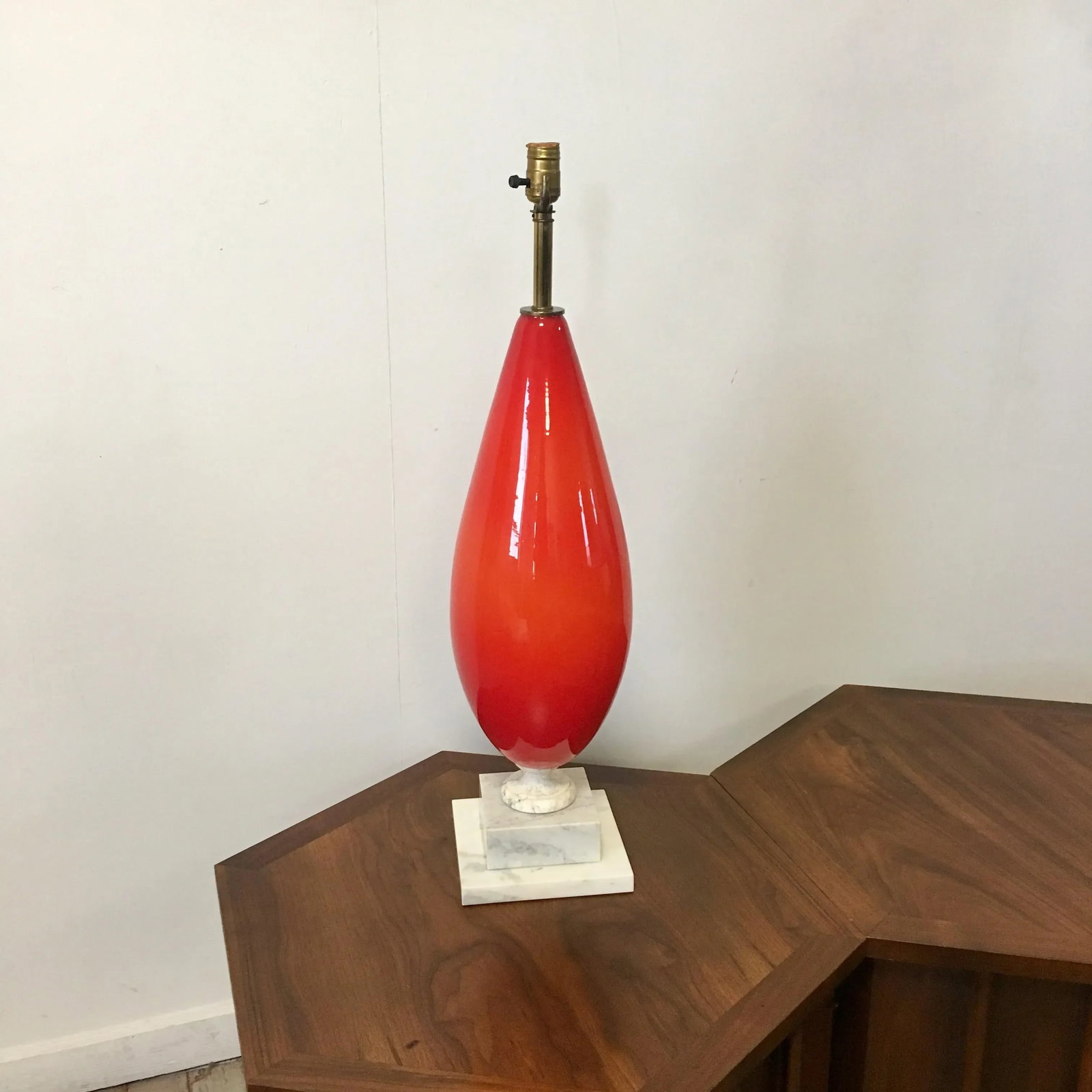 Murano Art Glass and Marble Table Lamp Large Scale Italian Blown Glass Cerise Red Orange - 4