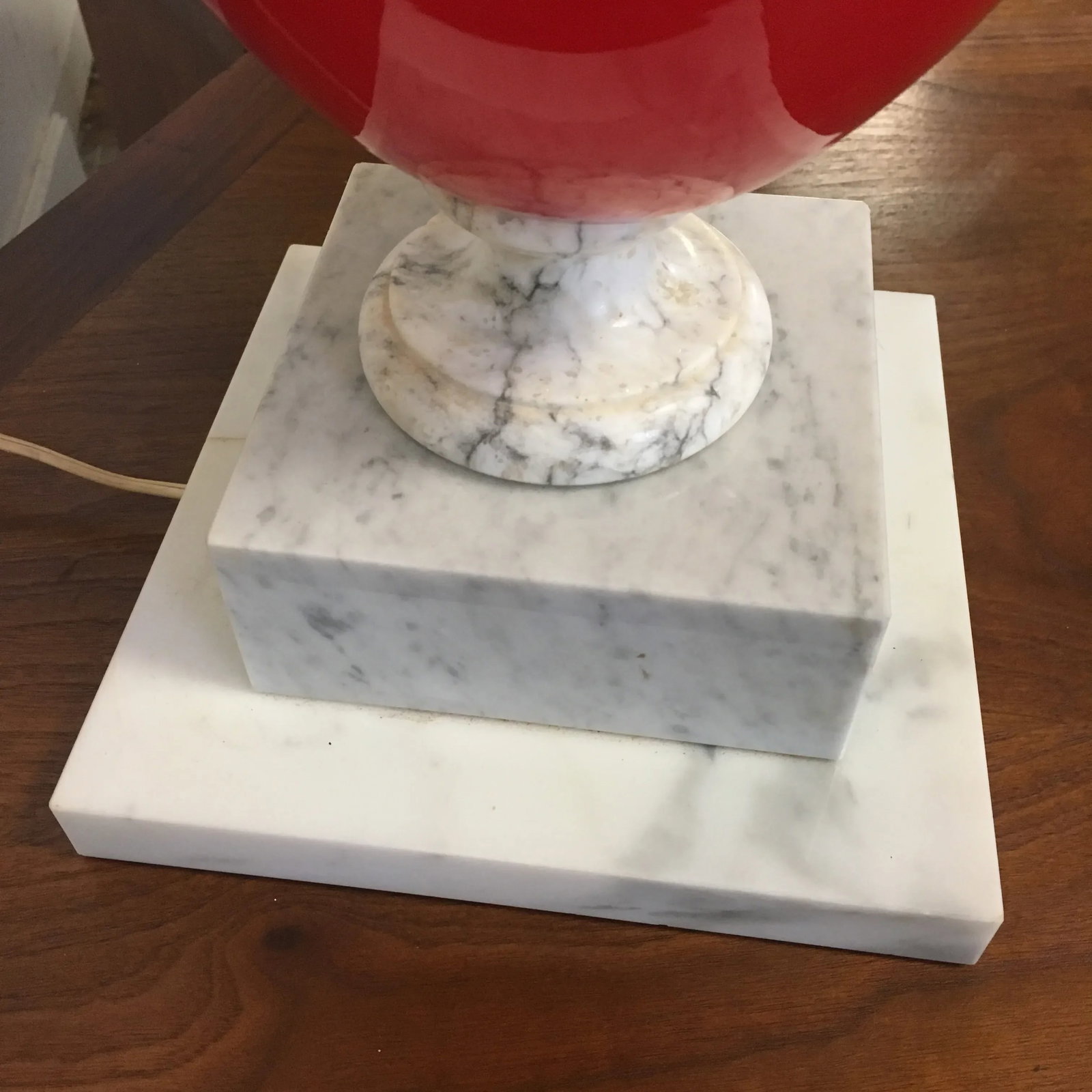 Murano Art Glass and Marble Table Lamp Large Scale Italian Blown Glass Cerise Red Orange - 7