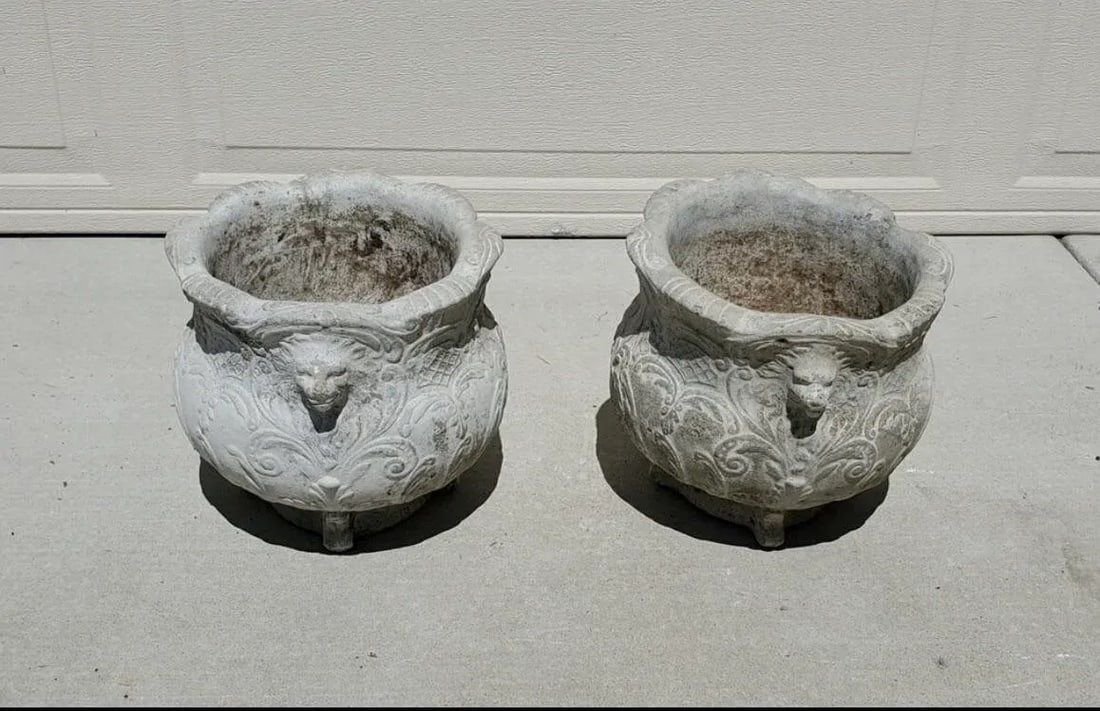 Pair of Antique French Neoclassical High Relief Lion Head Garden Planters With Acanthus Leaf Pedesta - 11