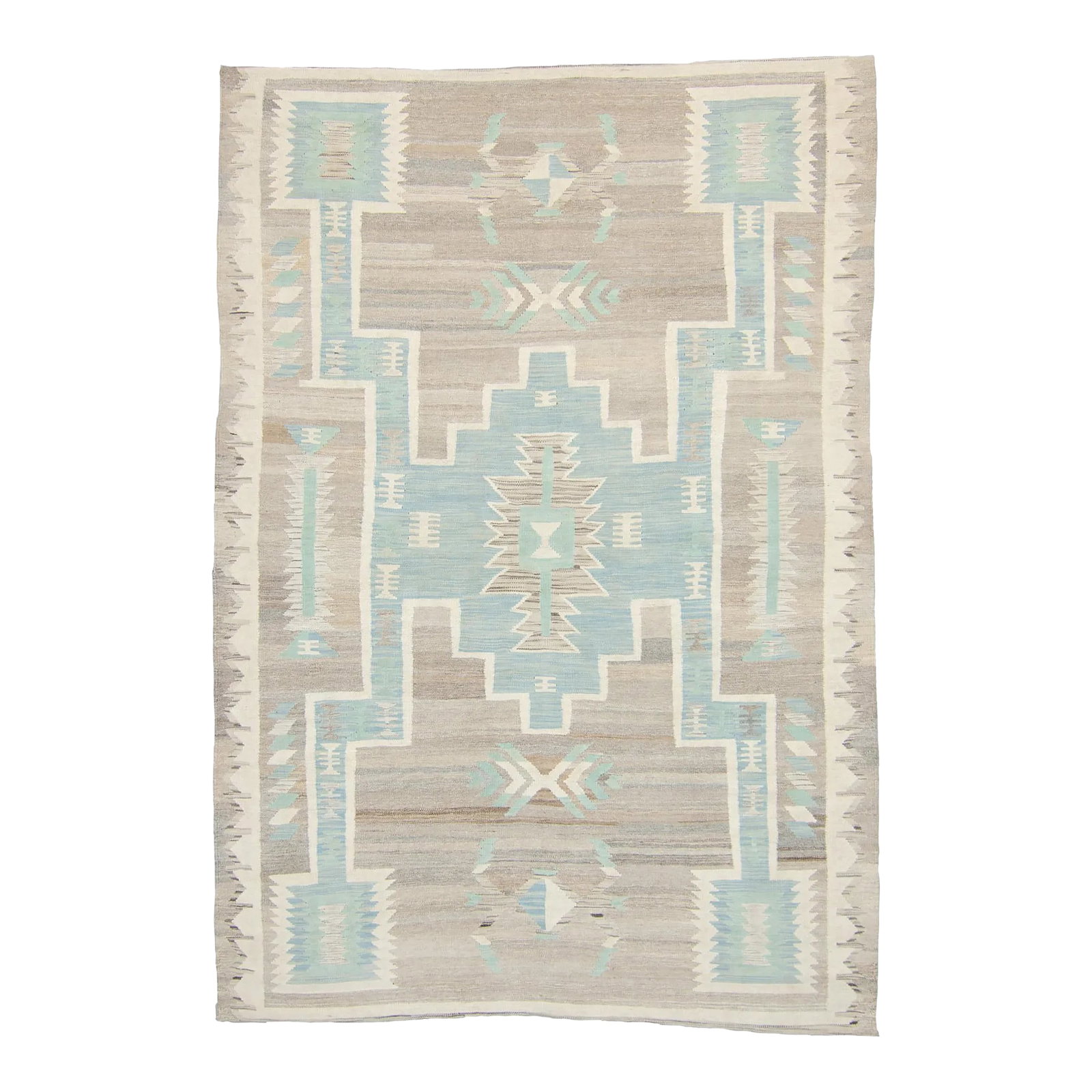 Contemporary Navajo-Style Geometric Gray Blue Brown Mint Wool Handwoven Kilim - 6'5" X 9'3" (1 of 9)