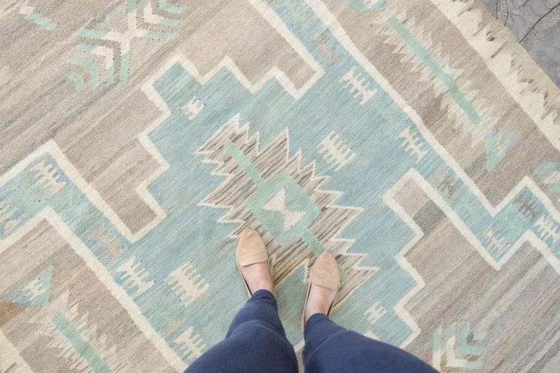 Contemporary Navajo-Style Geometric Gray Blue Brown Mint Wool Handwoven Kilim - 6'5" X 9'3" - 2