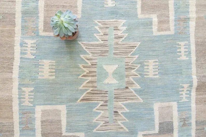 Contemporary Navajo-Style Geometric Gray Blue Brown Mint Wool Handwoven Kilim - 6'5" X 9'3" - 3