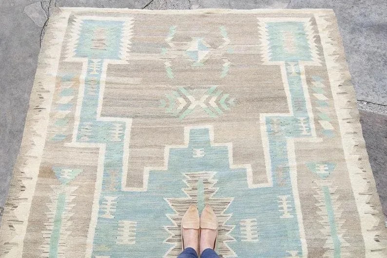 Contemporary Navajo-Style Geometric Gray Blue Brown Mint Wool Handwoven Kilim - 6'5" X 9'3" - 4