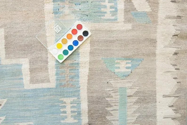 Contemporary Navajo-Style Geometric Gray Blue Brown Mint Wool Handwoven Kilim - 6'5" X 9'3" - 5