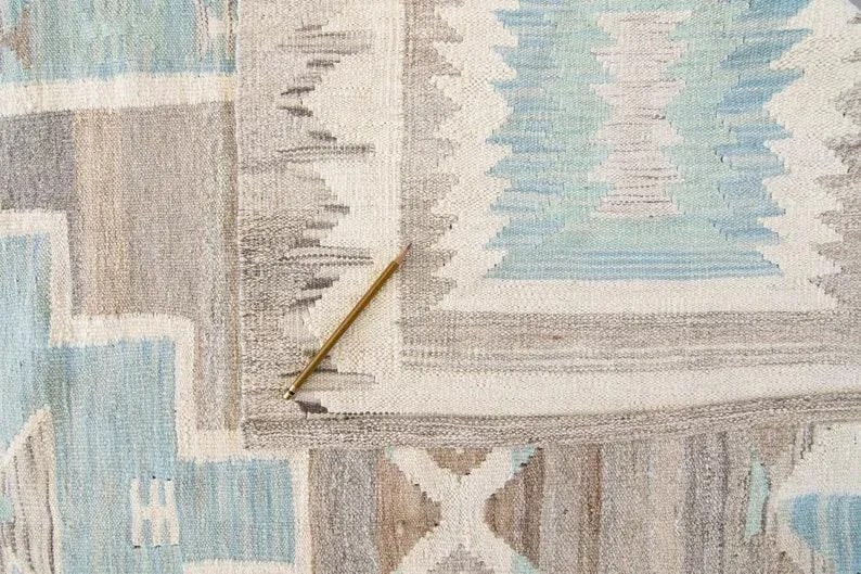 Contemporary Navajo-Style Geometric Gray Blue Brown Mint Wool Handwoven Kilim - 6'5" X 9'3" - 6