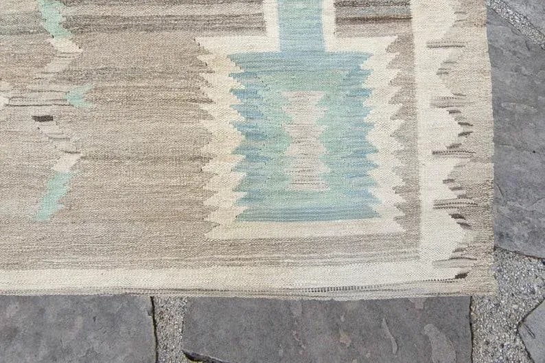 Contemporary Navajo-Style Geometric Gray Blue Brown Mint Wool Handwoven Kilim - 6'5" X 9'3" - 7