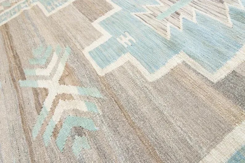 Contemporary Navajo-Style Geometric Gray Blue Brown Mint Wool Handwoven Kilim - 6'5" X 9'3" - 8