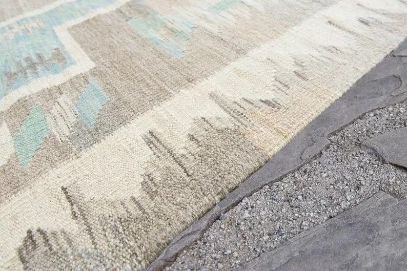 Contemporary Navajo-Style Geometric Gray Blue Brown Mint Wool Handwoven Kilim - 6'5" X 9'3" - 9