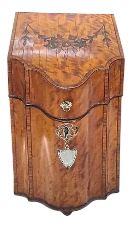 Antique English Burl-Wood Knife Box: Antique; 19th century, English, floral, inlay and burl-wood, knife box with lock, key, and hinged lid. Floral inlay on the outside top of the lid and star inlay design on the lid interior. Inlay edge