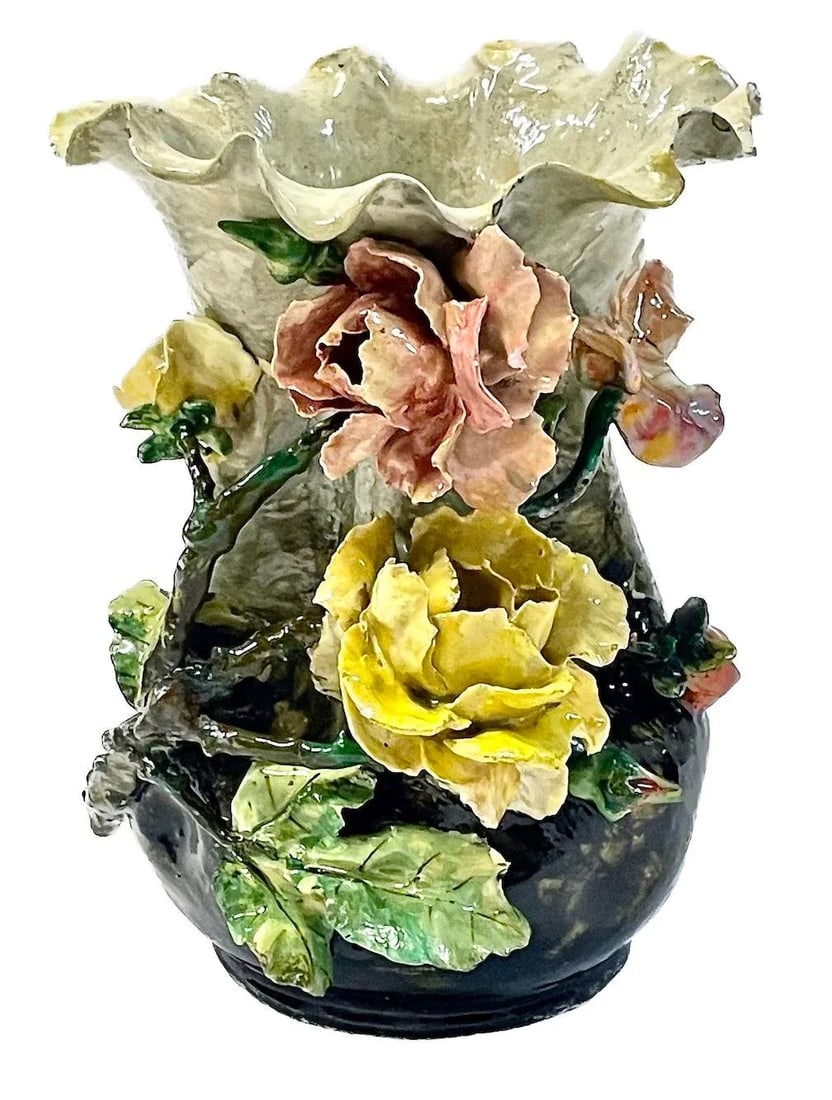 French Barbotine Majolica Floral Vase - 10