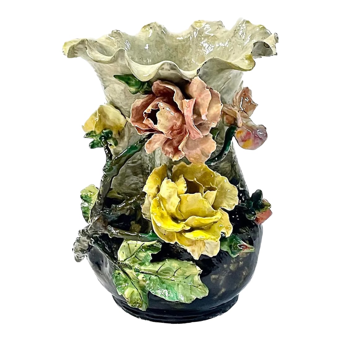 French Barbotine Majolica Floral Vase: Antique French Barbotine majolica floral cachepot/vase with hole at the underside for drainage. Depicts three dimensional roses in relief on a branch. Marked "404" on the underside. Condition: Alterat