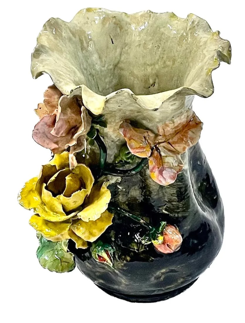 French Barbotine Majolica Floral Vase - 2