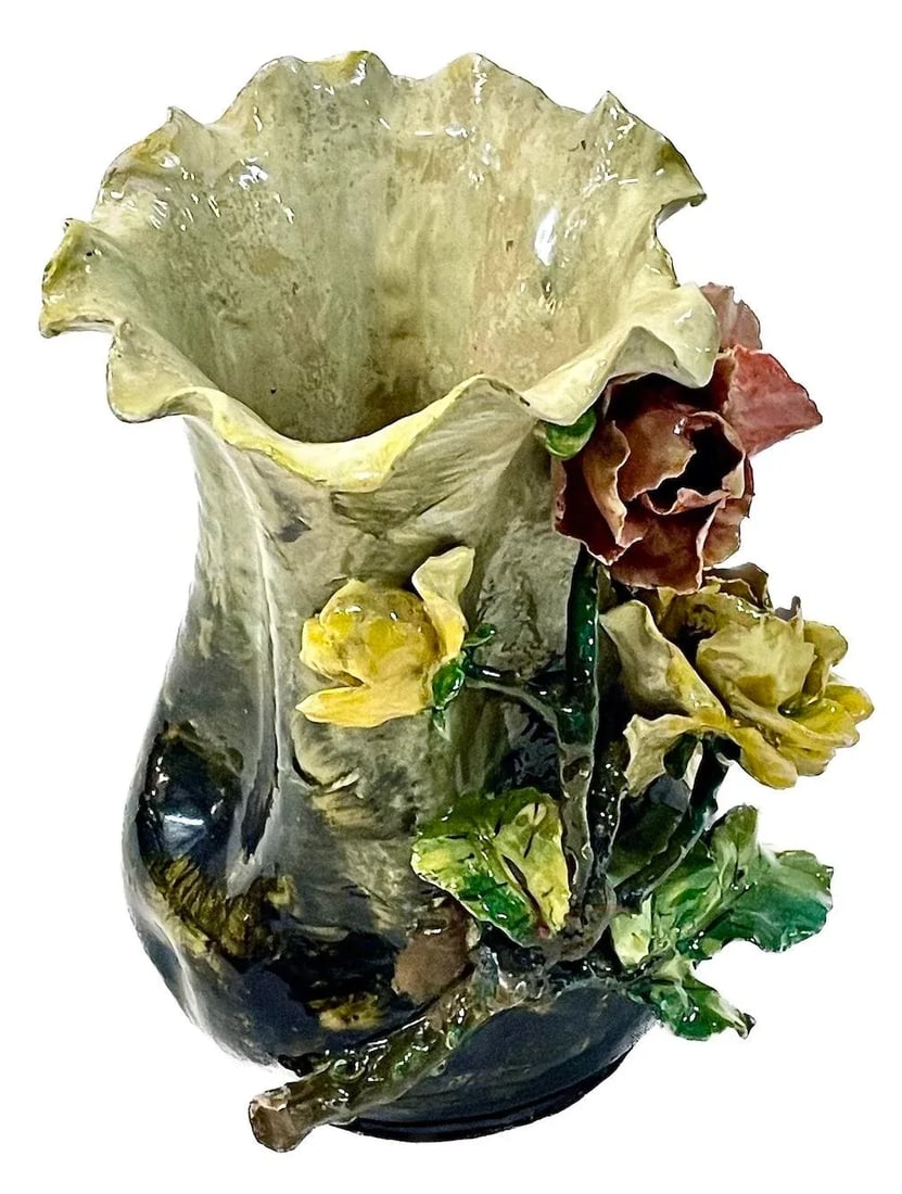 French Barbotine Majolica Floral Vase - 3