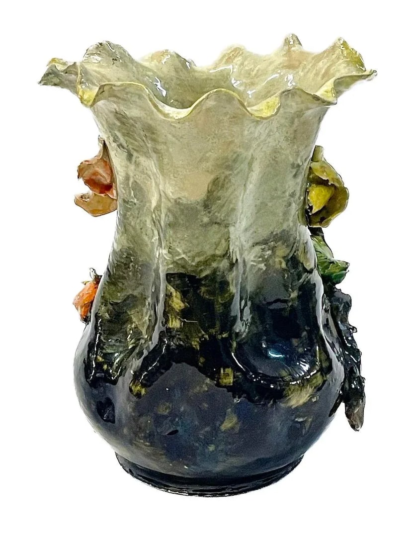 French Barbotine Majolica Floral Vase - 4