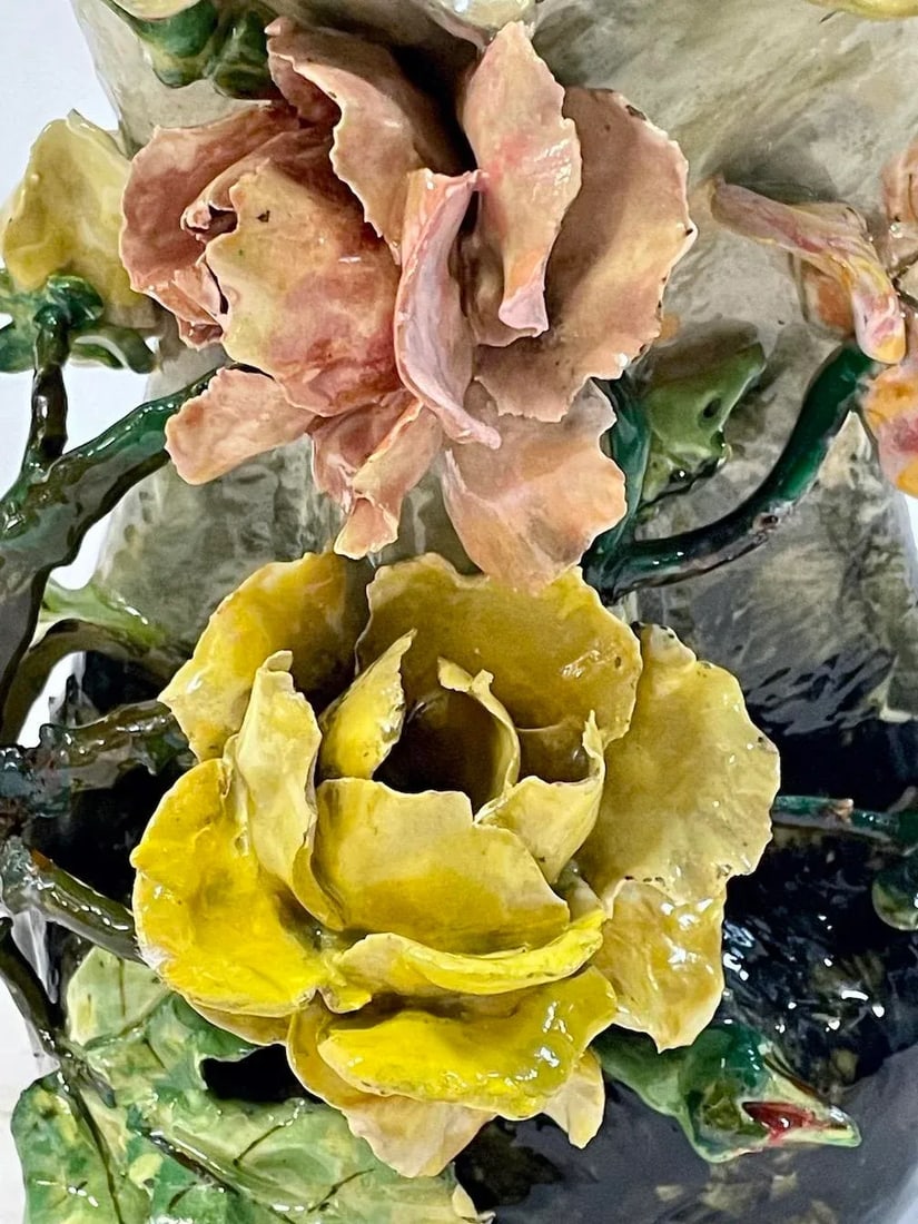 French Barbotine Majolica Floral Vase - 6