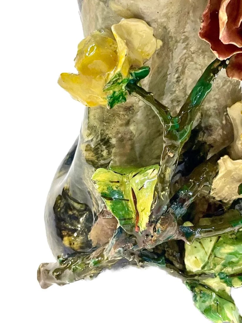 French Barbotine Majolica Floral Vase - 8