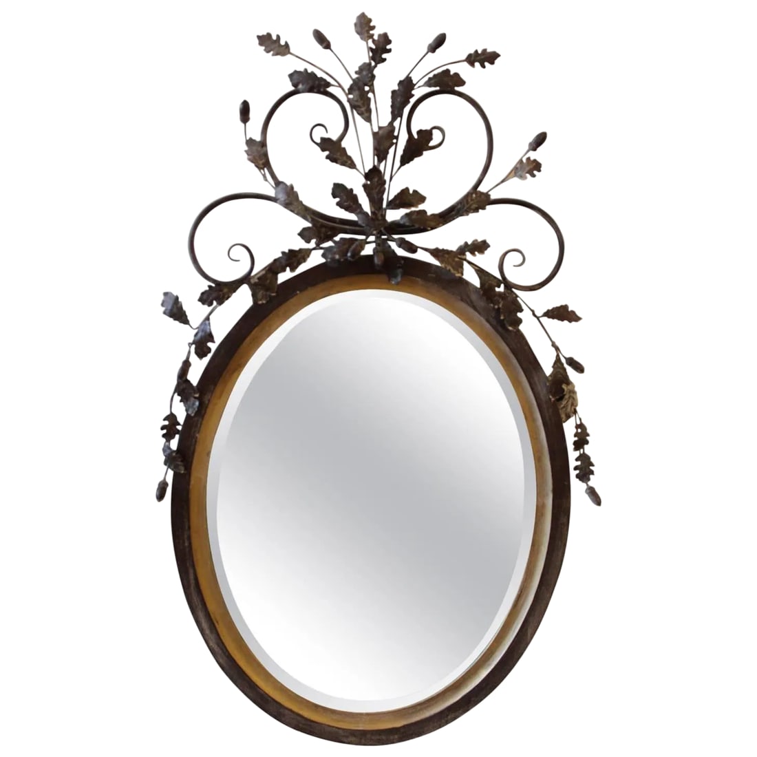 LaBarge Oval Adam Style Wood and Italian Metal Beveled Mirror: Labarge oval Adam style wood and Italian metal beveled mirror. The finish is a scrub slightly with a white wash finish and worn gold accent the pediment is a scrolled metal with acorn and oak leaf