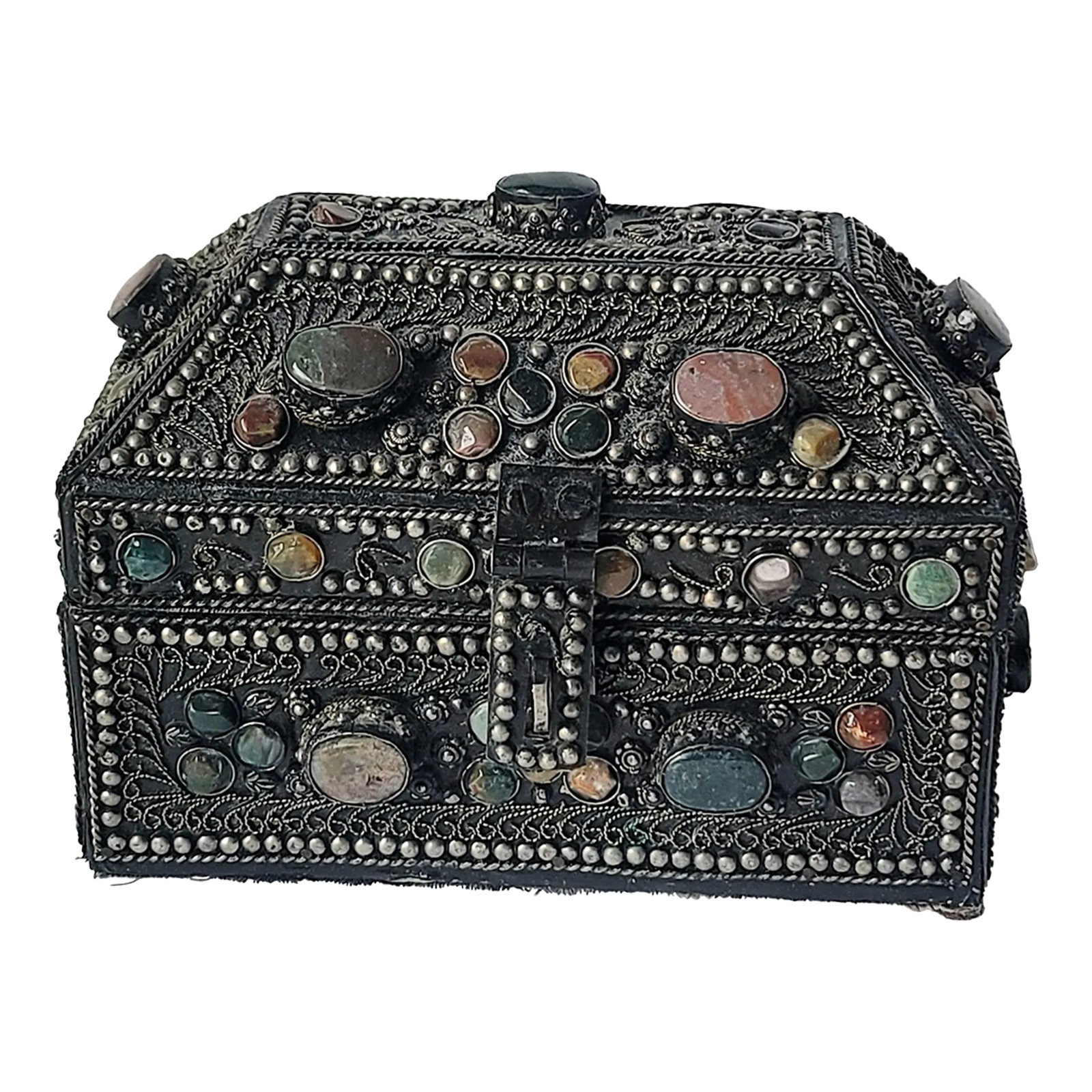 1970s Vintage Agate Inlaid Moroccan Jewelry Box: Vintage Agate Inlaid Moroccan Jewelry Box Box measures approx 7" long x 4.25" deep x 6" tall Black velvet lined interior All stones are intact. Please see photos as they are part of description and sh