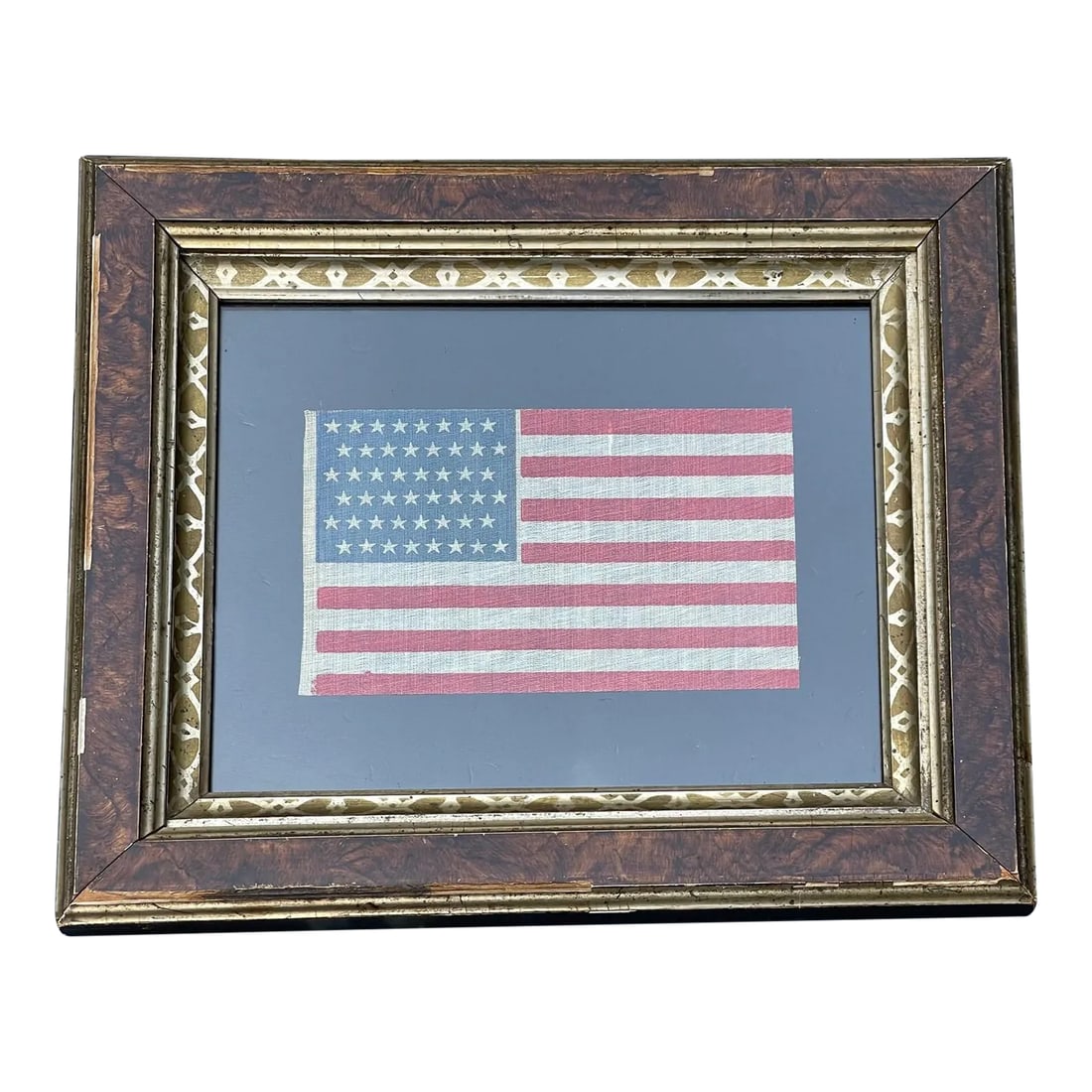 Antique 1912 Gauze Staggered 48 Star American Flag in Antique Gilt Frame: Fantastic frame. For a rare and desirable antique flag. A highly desirable gold leaf and marblized 19th Century frame. The staggered stars are the most sought after flags of the period. Very well pres