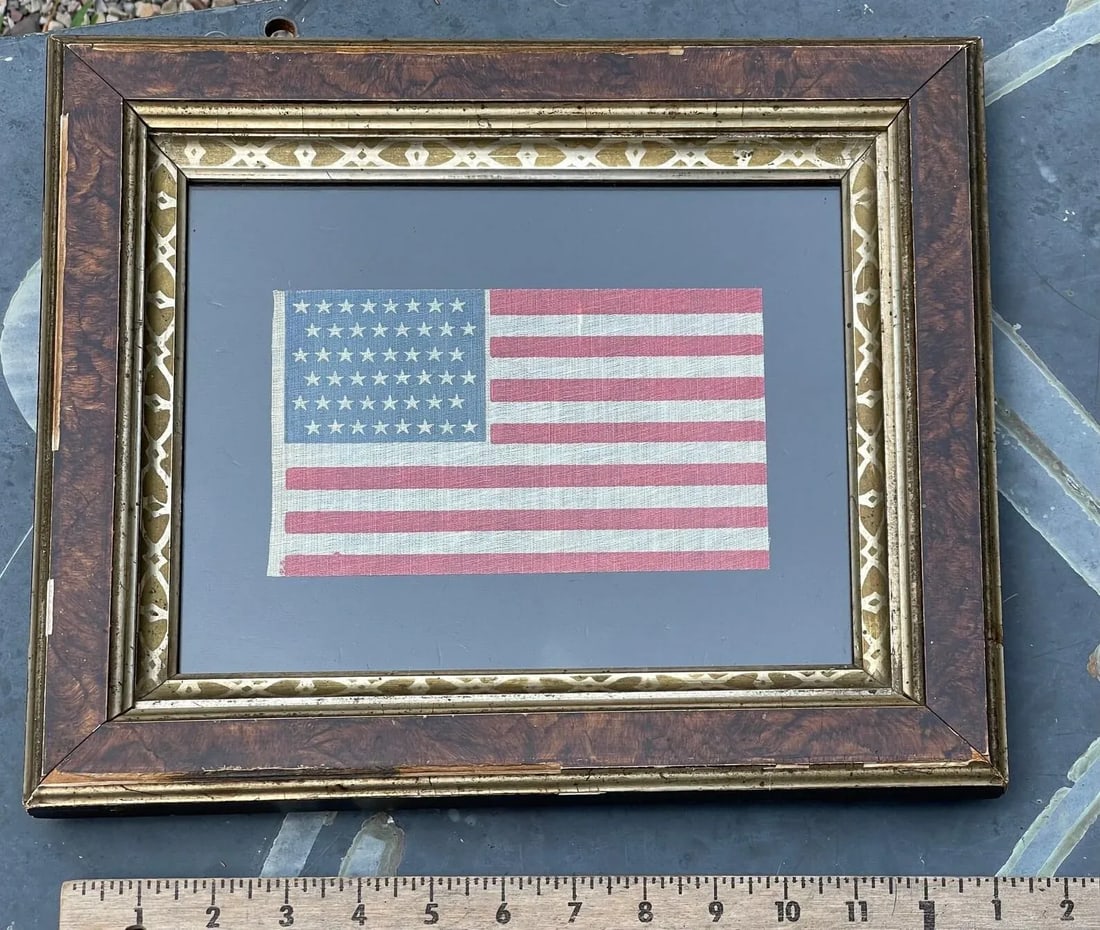 Antique 1912 Gauze Staggered 48 Star American Flag in Antique Gilt Frame - 7