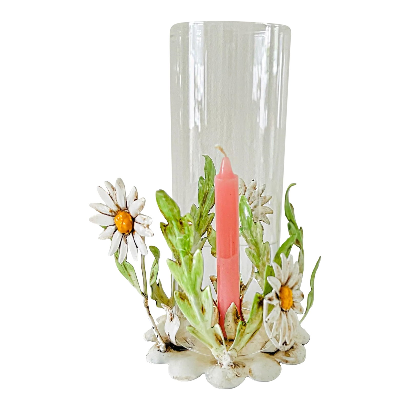 Vintage Hollywood Regency Italian Enameled Tole Candlestick Holder With a Floral Hand Painted Design: A charming vintage mid-century Hollywood Regency Italian enameled tole candlestick holder with a floral design, complete with a clear hurricane glass chimney (10" H). This beautifully crafted piece sh