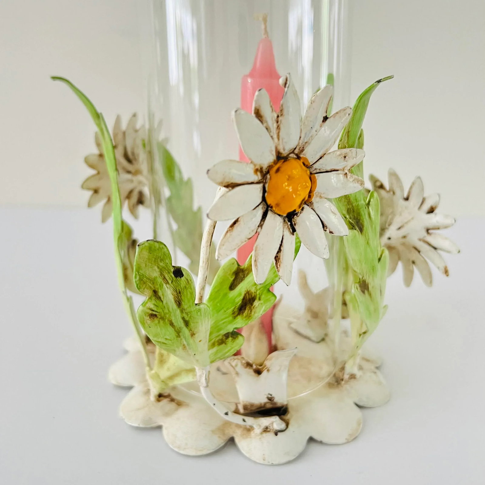 Vintage Hollywood Regency Italian Enameled Tole Candlestick Holder With a Floral Hand Painted Design - 2