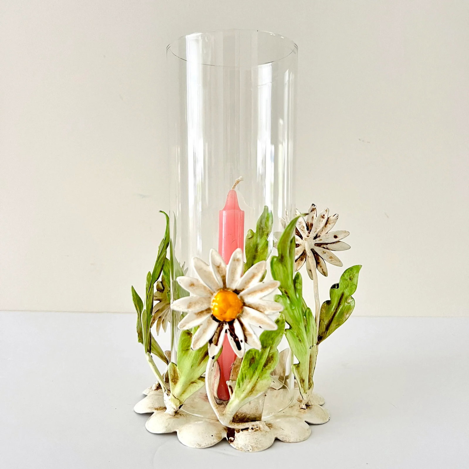 Vintage Hollywood Regency Italian Enameled Tole Candlestick Holder With a Floral Hand Painted Design - 3