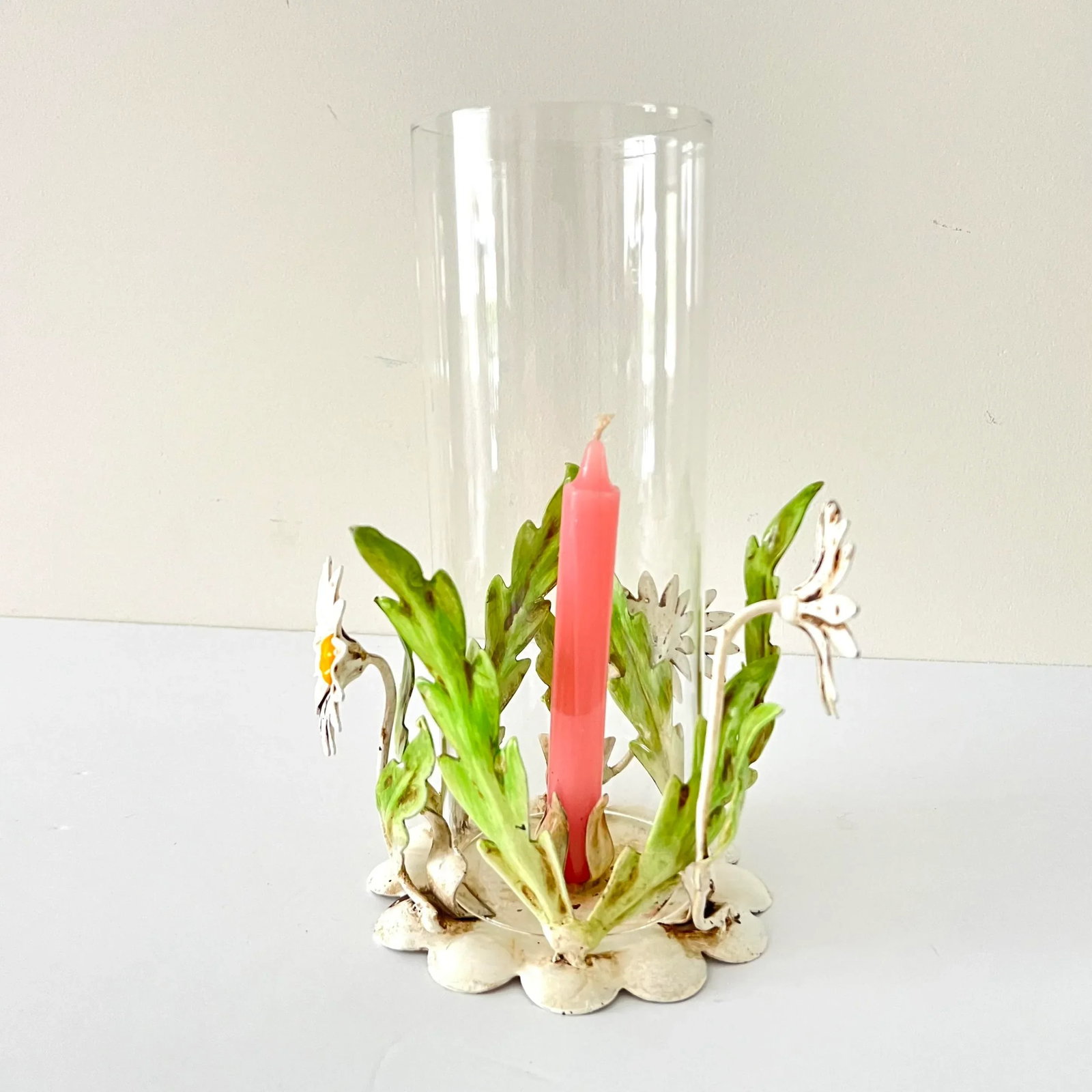 Vintage Hollywood Regency Italian Enameled Tole Candlestick Holder With a Floral Hand Painted Design - 4