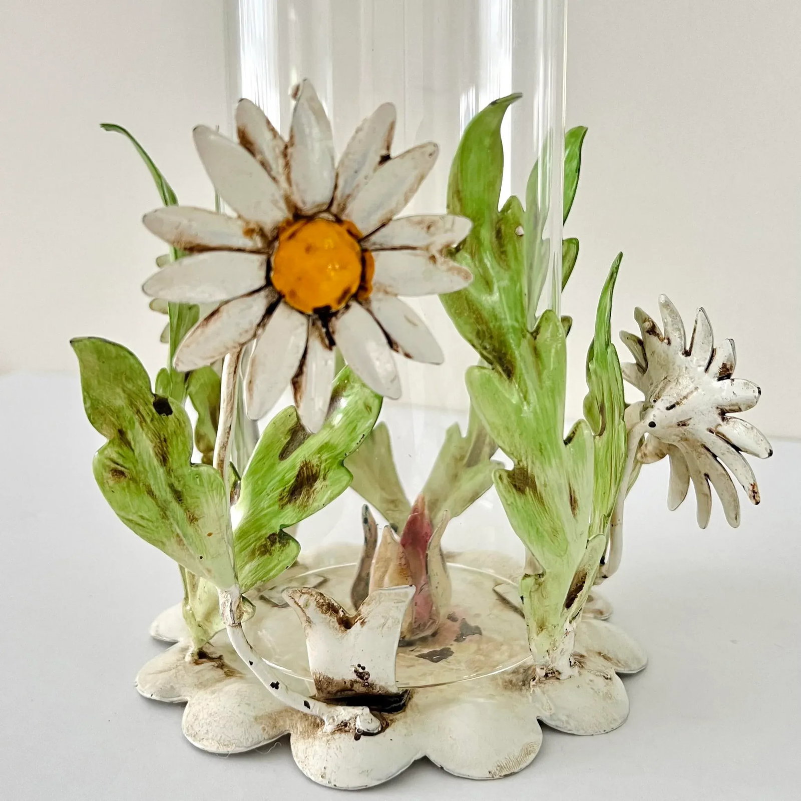 Vintage Hollywood Regency Italian Enameled Tole Candlestick Holder With a Floral Hand Painted Design - 6