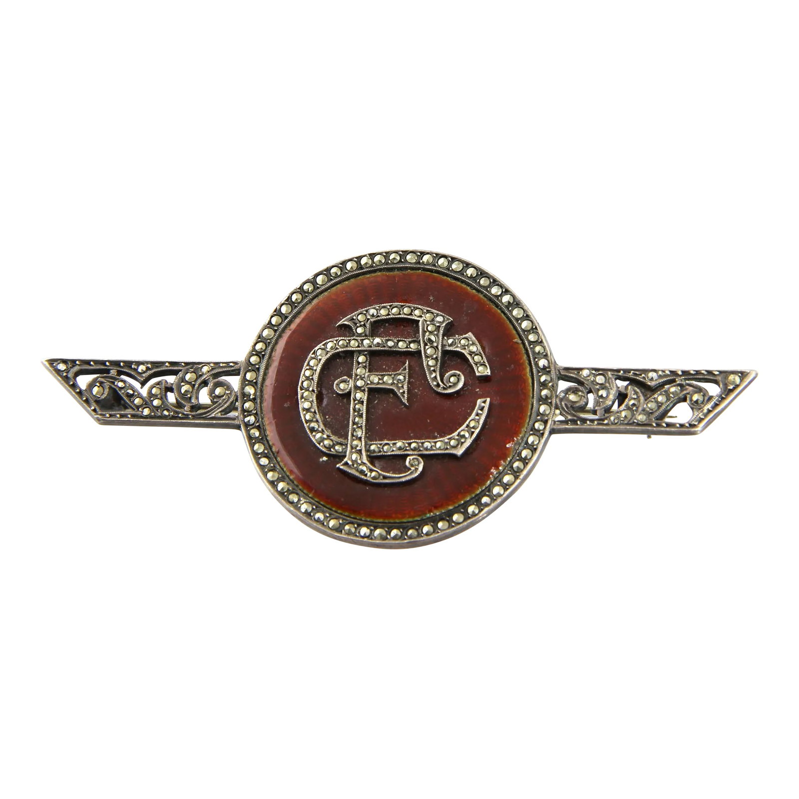 Art Deco Enamel Marcasite Initial Brooch: Art Deco initial pin featuring brown enamel circle with "CE" or "EC" of the E could also be an "F" monogram, accented with marcasite. Age wear, flea bite chips at enamel edge. Please see the measureme