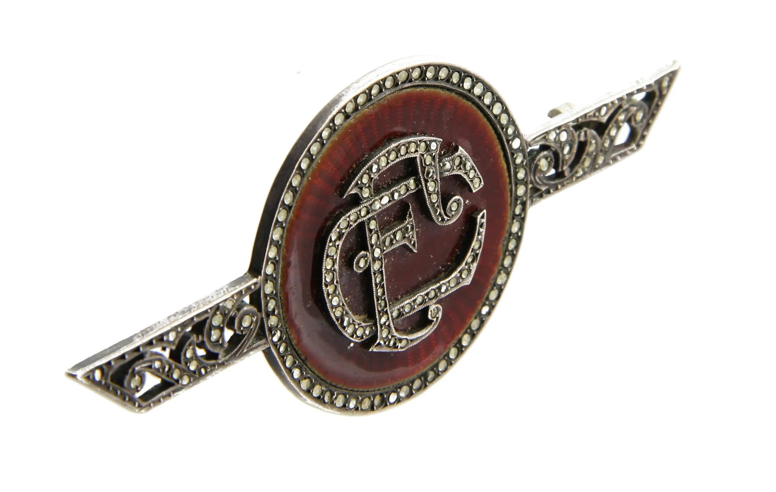 Art Deco Enamel Marcasite Initial Brooch - 3