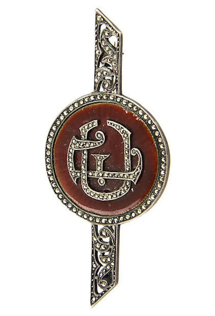 Art Deco Enamel Marcasite Initial Brooch - 4