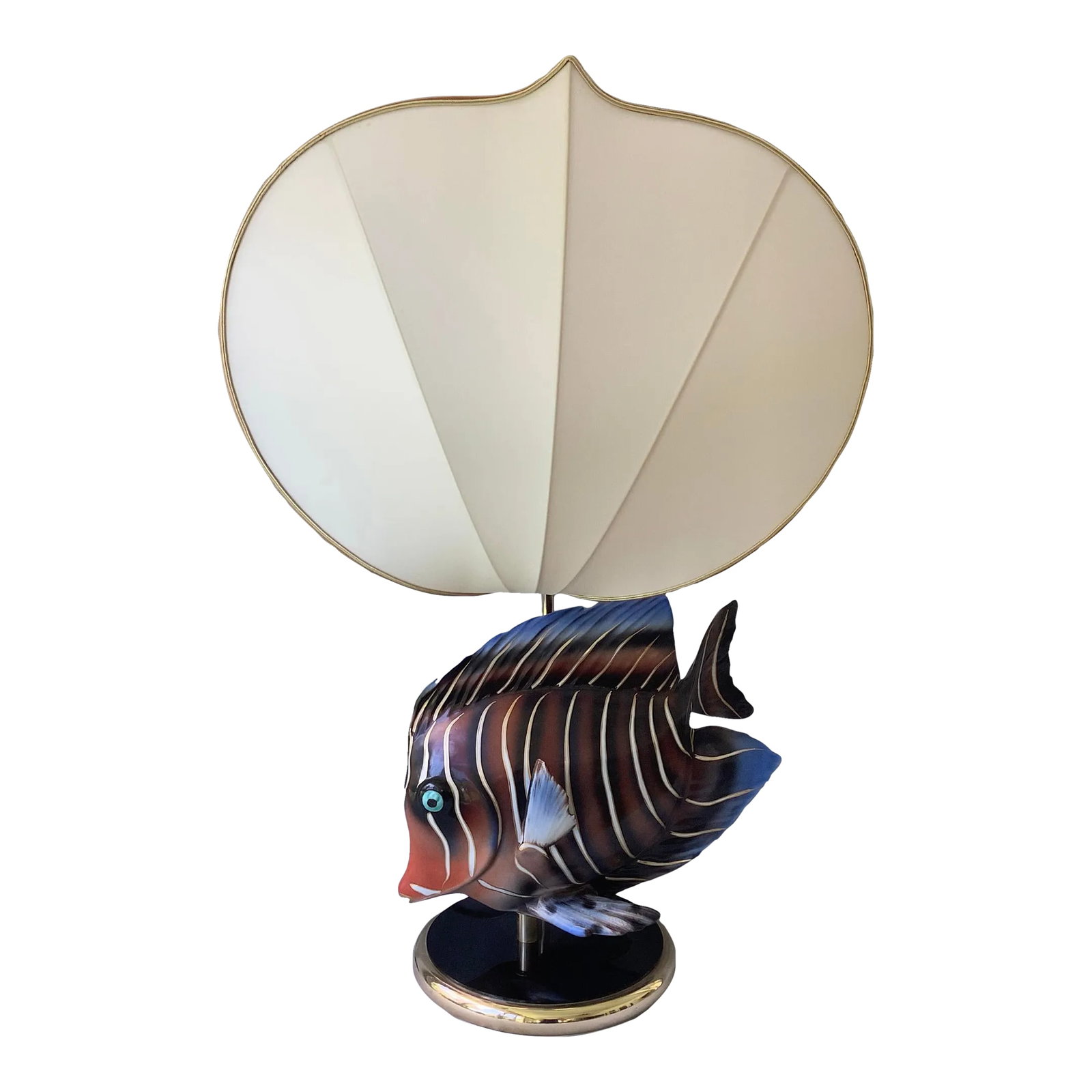 1970s Ceramic Fish Table Lamp With Linen Scallop Shade: Solid MCM Ceramic with Bold lines and striking colors. Black and Gold base, Linen shade in Scallop design. Condition: Alterations: Original Condition Unaltered Imperfections: Some Imperfections Condit