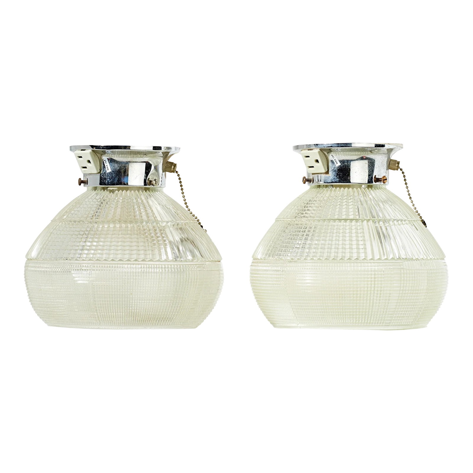 Pair of Mid 20th Century Chrome Ceiling or Wall Mount Industrial Lights With Cut Glass Hollophane Sh: Great lamps for a retro restoration of office, workspace, garage, man cave, etc. Fitter size is 3.5" Condition: Alterations: Original Condition Unaltered Imperfections: Some Imperfections Condition