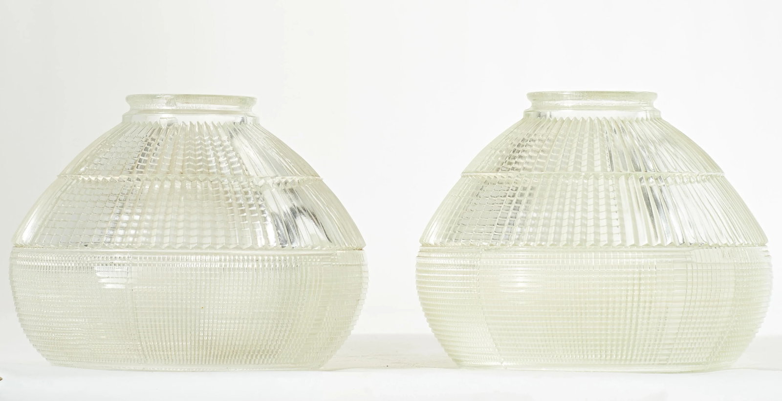 Pair of Mid 20th Century Chrome Ceiling or Wall Mount Industrial Lights With Cut Glass Hollophane Sh - 2