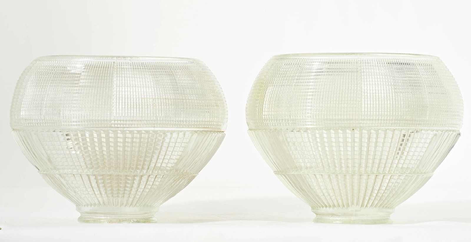 Pair of Mid 20th Century Chrome Ceiling or Wall Mount Industrial Lights With Cut Glass Hollophane Sh - 3