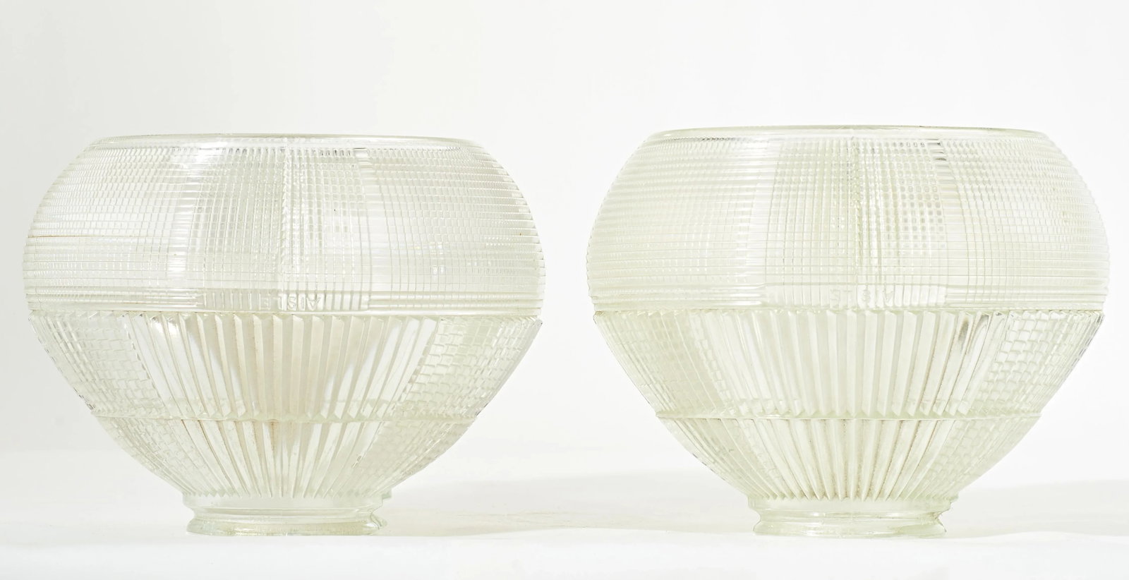 Pair of Mid 20th Century Chrome Ceiling or Wall Mount Industrial Lights With Cut Glass Hollophane Sh - 4